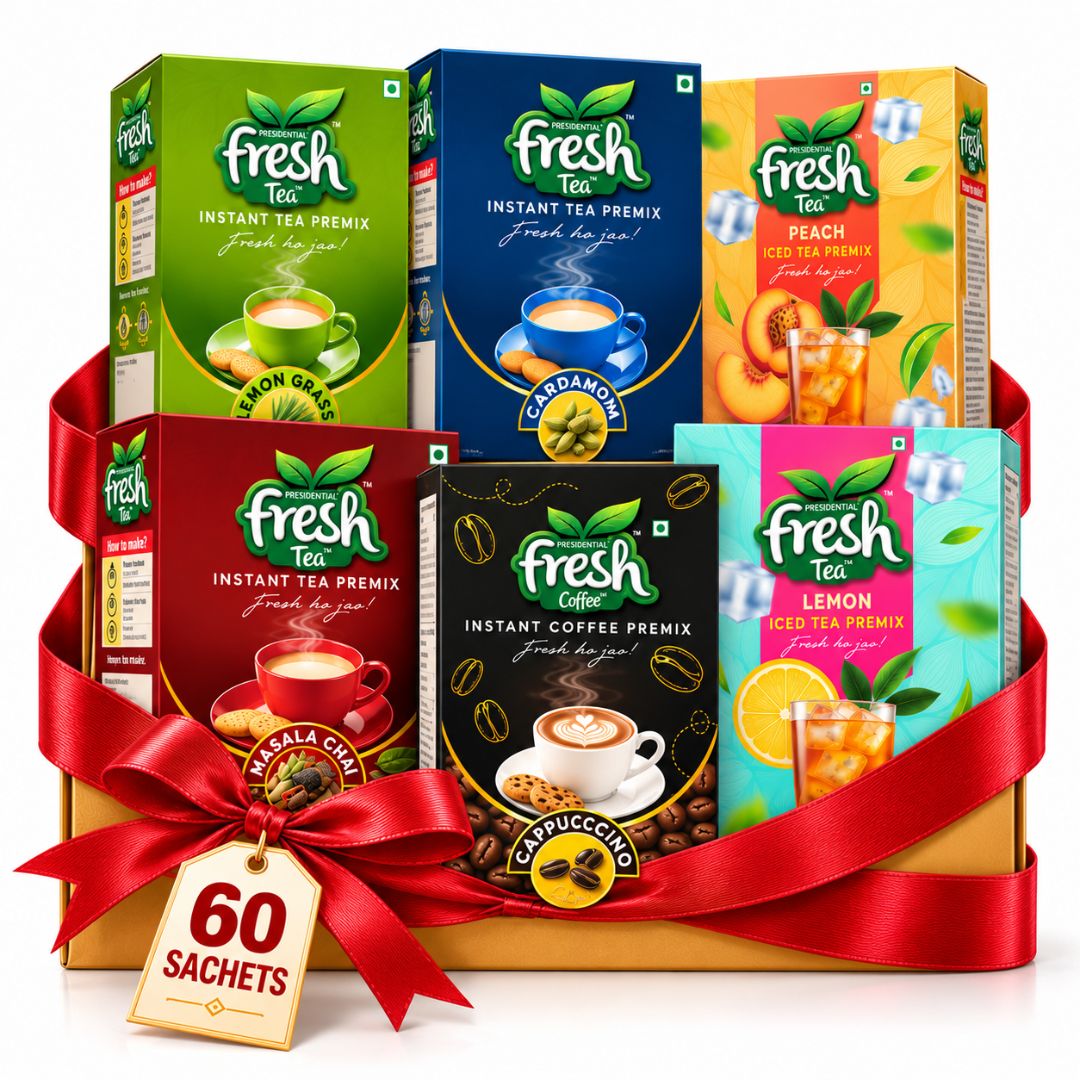 Presidential Fresh The Ultimate Beverage Box 60 - 10 Each of Masala, Cardamom, Lemongrass, Peach Iced Tea, Lemon Iced Tea & Cappuccino Coffee Premix