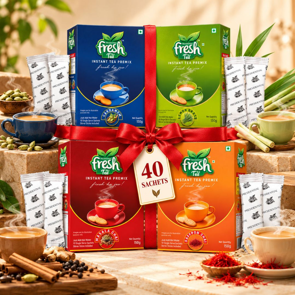 Presidential Fresh All-Star Tea Combo 40 - 10 Each of Masala, Cardamom, Lemongrass Tea & Saffron Premix Tea