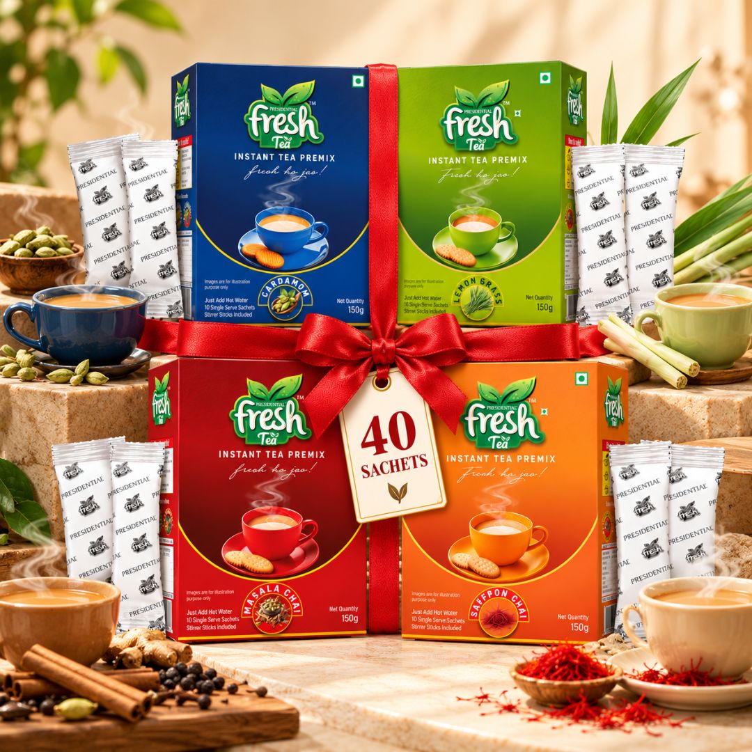 Presidential Fresh All-Star Tea Combo 40 - 10 Each of Masala, Cardamom, Lemongrass Tea & Saffron Premix Tea