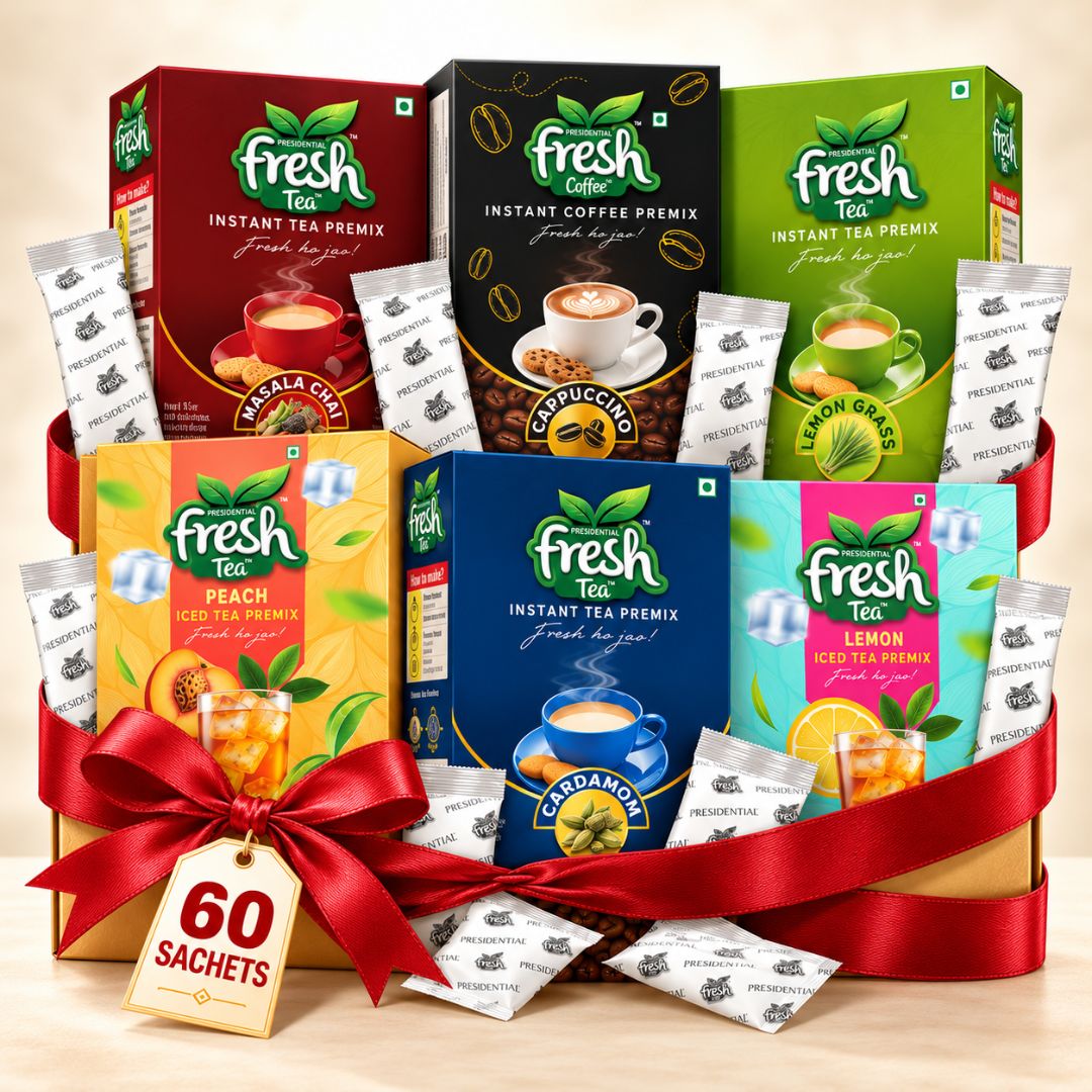 Presidential Fresh The Ultimate Beverage Box 60 - 10 Each of Masala, Cardamom, Lemongrass, Peach Iced Tea, Lemon Iced Tea & Cappuccino Coffee Premix