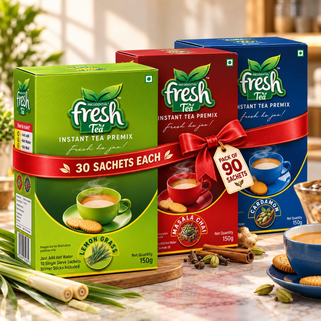 Presidential Fresh Chai Trifecta 90 — 30 Each of Masala, Cardamom & Lemongrass Instant Tea Premix